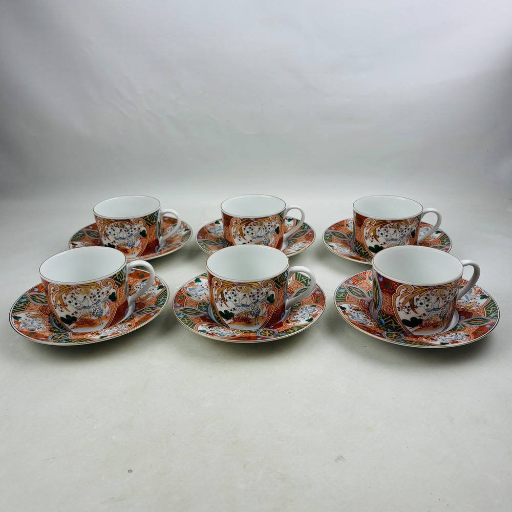 Andrea by Sadek Stork & Blossom Cup and Saucer Set of 6 Imari Japanese Porcelain